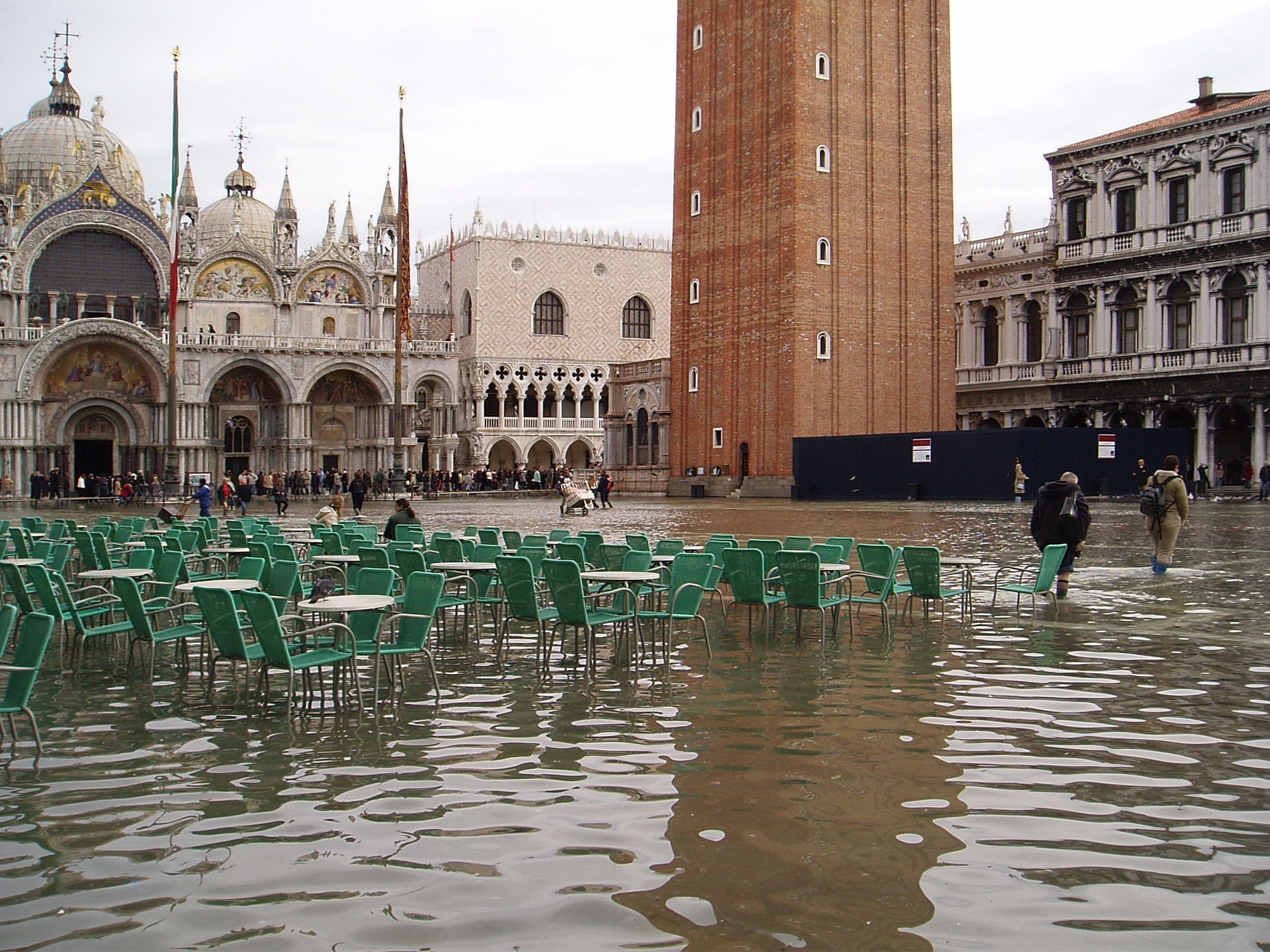 Piazza San Marco under acqua alta, the raised water across the pavement