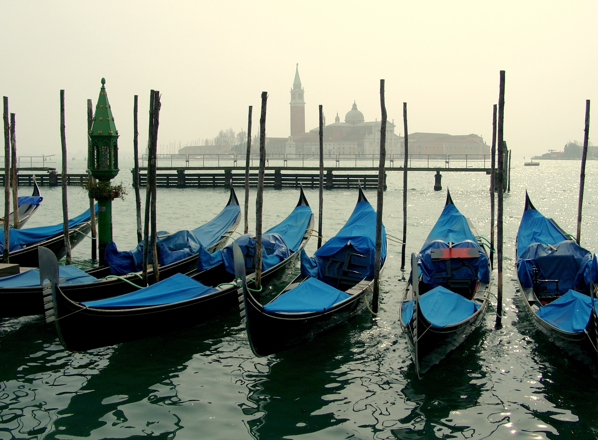 San Giorgio Maggiore seen across the bacino with gondolas in the foreground